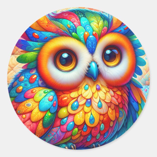 Adorable Colourful Owl Classic Round Sticker (Front)