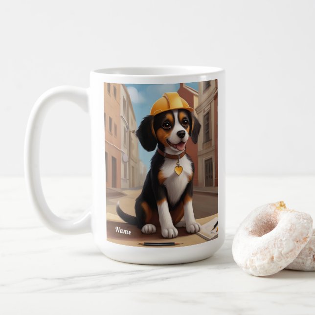 Adorable Construction Worker Dog Cute Puppy Art Coffee Mug (With Donut)