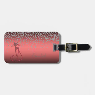 Adorable Coral Red Shiny Foil  Confetty,Red Cat Luggage Tag