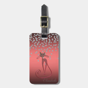 Adorable Coral Red Shiny Foil  Confetty,Red Cat Luggage Tag