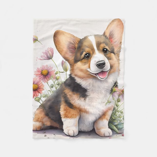 Adorable Corgi Puppy Dog Fleece Blanket (Front)