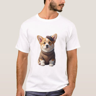 Adorable Corgi Puppy Wearing a Brown Beret T-Shirt