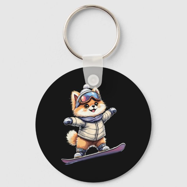Adorable Corgi Snowboarding Fun Winter Adventure  Keychain (Front)