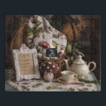 Adorable Cottagecore setup Pregnancy Announcement  Jigsaw Puzzle<br><div class="desc">a charming cottagecore pregnancy announcement featuring a cute mushroom plushie A beautiful set of tea cup and pot with a beautiful blanket draped on a beautiful basket and a white cottage core board to announce the big news is standing this whimsical setup brings a cozy, rustic touch to your announcement....</div>