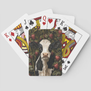 Adorable Cow Calf Strawberry Background Playing Cards