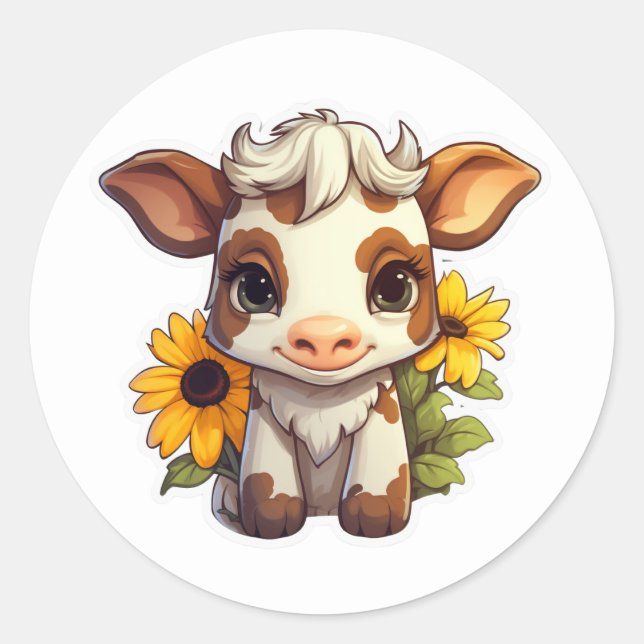 Adorable Cow with Sunflowers Classic Round Sticker (Front)