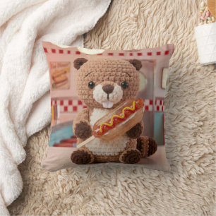 Adorable Crocheted Beaver in Diner Glass Hotdog Throw Pillow