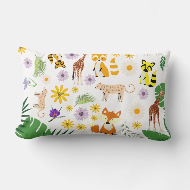 Adorable cute baby animals nursery safari white lumbar pillow (Front)