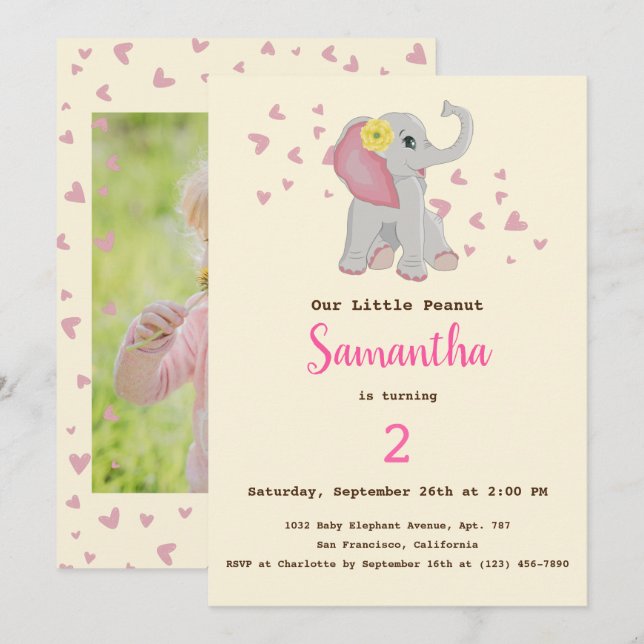 Adorable Cute Baby Elephant Pink & Grey Birthday Invitation (Front/Back)