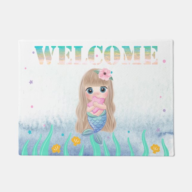 Adorable Cute Baby Mermaid, Seashells Doormat (Front)