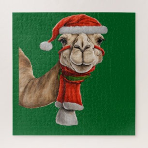 Adorable Cute Camel Wearing Santa Hat Christmas v2 Jigsaw Puzzle