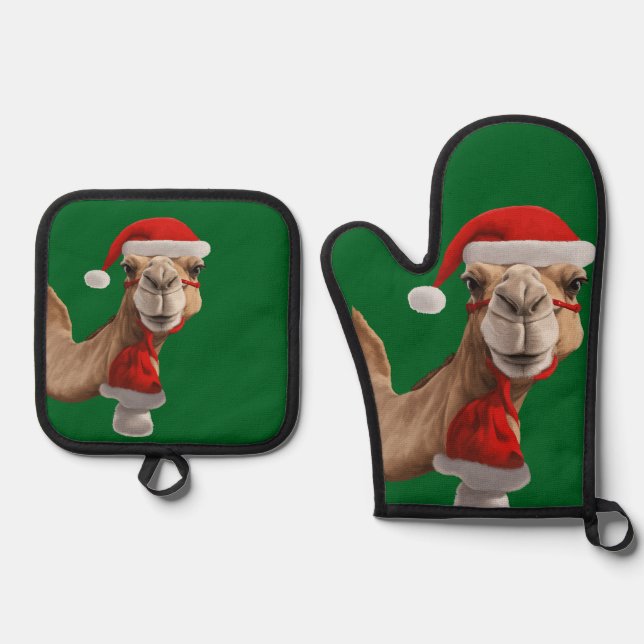 Adorable Cute Camel Wearing Santa Hat Christmas v3 Oven Mitt & Pot Holder Set (Front)