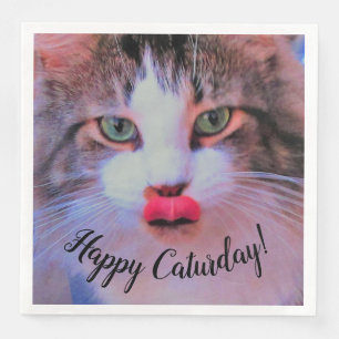 Adorable Cute Cat w Pink Tongue Licking Lips Napkin
