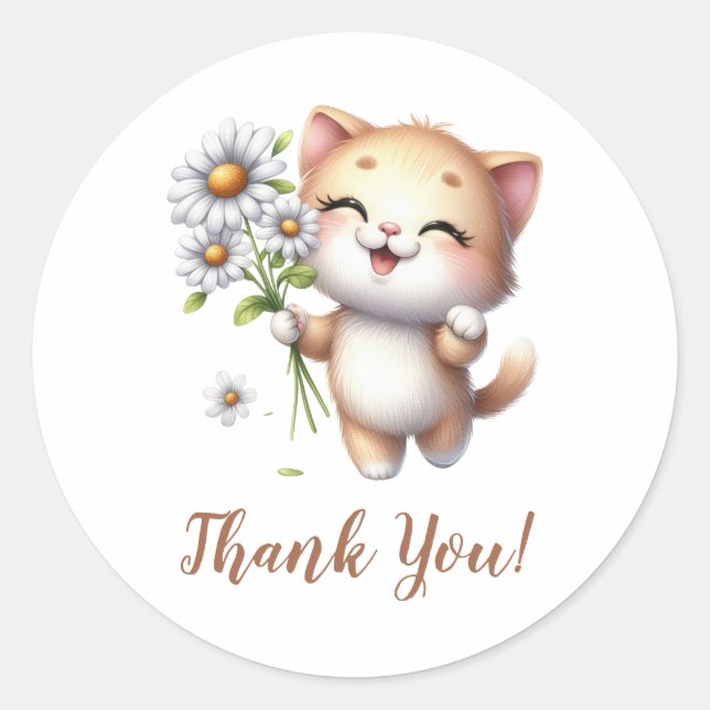 Adorable Cute Cat with Sunflowers Classic Round Sticker (Front)