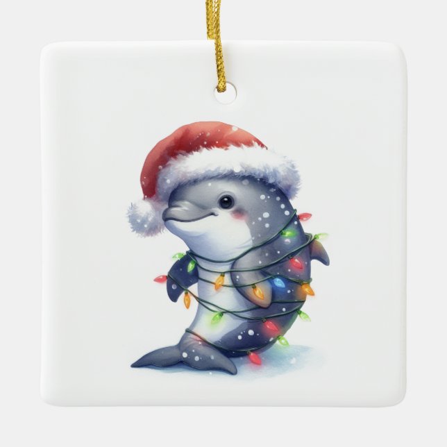 Adorable Cute Christmas Dolphin Ceramic Ornament (Front)
