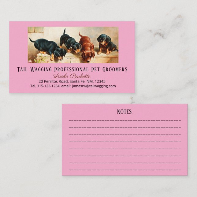 Adorable Cute Dachshund Puppy Pet Grooming Pink Business Card (Front/Back)