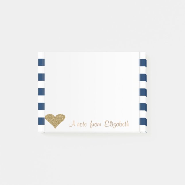 Adorable Cute Glittery Heart,Navy Blue Stripes Post-it Notes (Front)