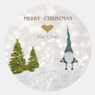 Adorable Cute Gnome,Pine Trees,Snow Classic Round Sticker