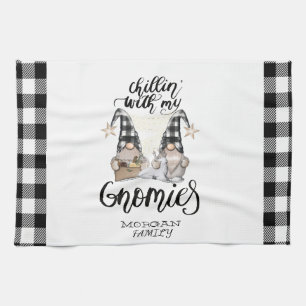 Adorable Cute Gnomes Black Buffalo Plaid Kitchen Towel