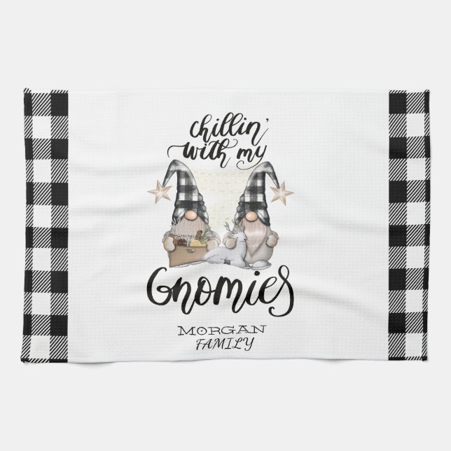 Adorable Cute Gnomes Black Buffalo Plaid Kitchen Towel (Horizontal)