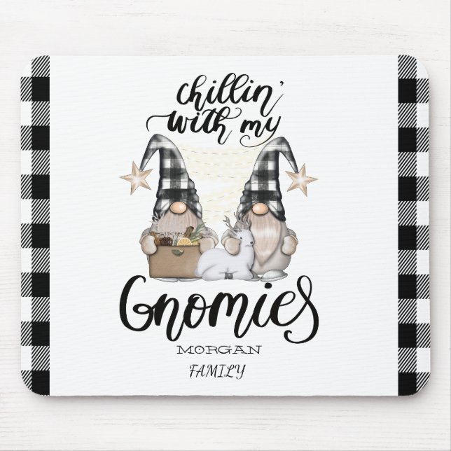 Adorable Cute Gnomes Black Buffalo Plaid Mouse Pad (Front)