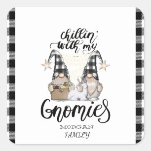 Adorable Cute Gnomes Black Buffalo Plaid Square Sticker