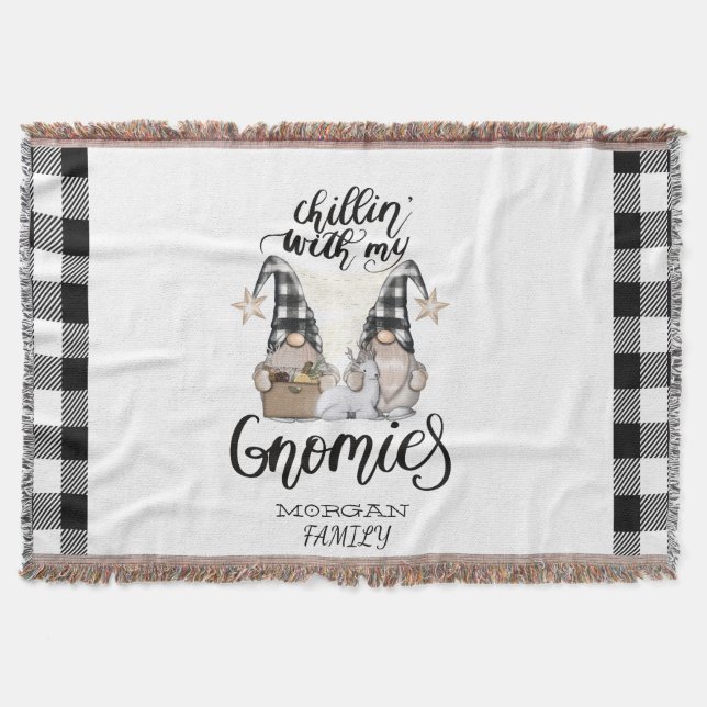 Adorable Cute Gnomes Black Buffalo Plaid Throw Blanket (Front)