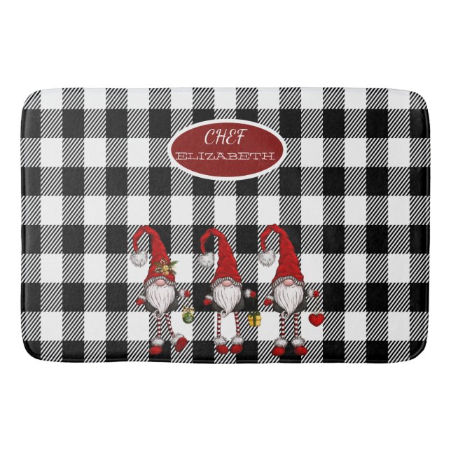 Adorable Cute Gnomes Buffalo Plaid Bath Mat (Front)