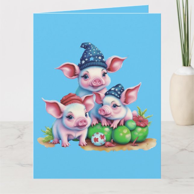 Adorable Cute Little Piggies Christmas Greeting Card (Front)