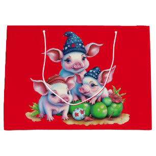 Adorable Cute Little Piggies Christmas Tree Red Large Gift Bag