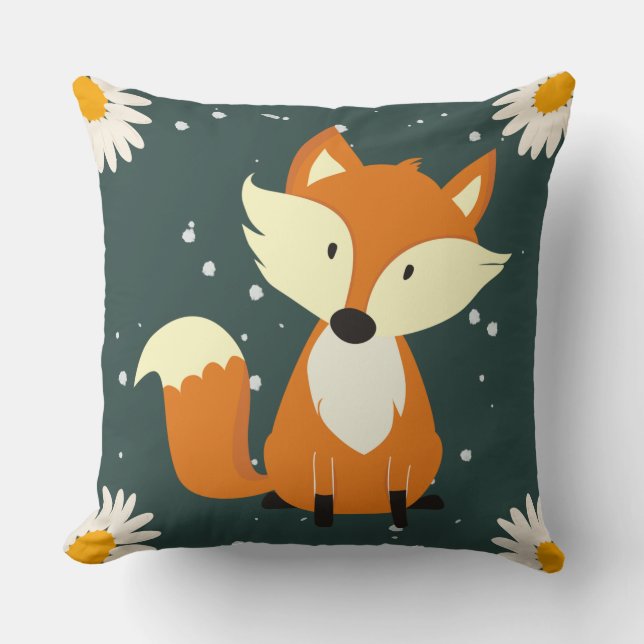 Adorable cute orange fox snowflakes flowers blue throw pillow (Front)