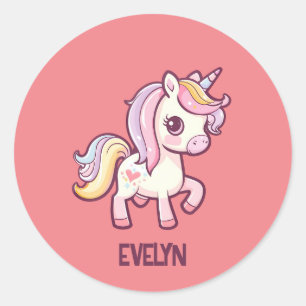 Adorable Cute Pastel Unicorn with Kids Name Classic Round Sticker