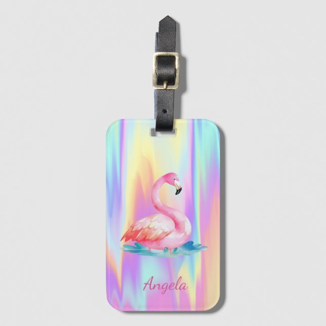 Adorable Cute Pink Flamingos Holographic Luggage Tag (Front Vertical)