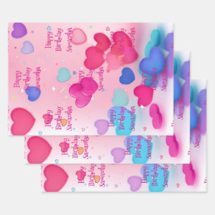 Adorable Cute Pink Girly Hearts Happy Birthday  Wrapping Paper Sheet