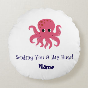 Adorable Cute Pink Octopus Kawaii Illustration Round Pillow