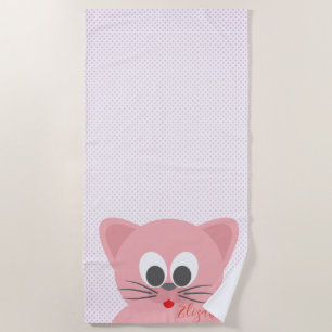 Adorable Cute  Whimsical Cartoon Cat -Personalized Beach Towel