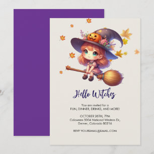 Adorable Cute Witch flying with broom, Halloween Invitation