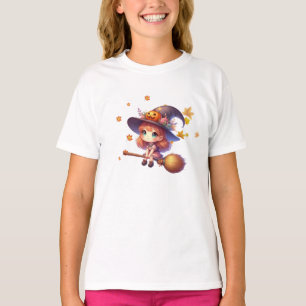 Adorable Cute Witch flying with broom, Halloween T-Shirt