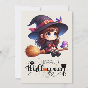 Adorable Cute Witch with 2 birds, Happy Halloween