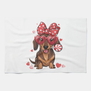 Adorable Dachshund In Heart Glasses And Polka Dot Kitchen Towel