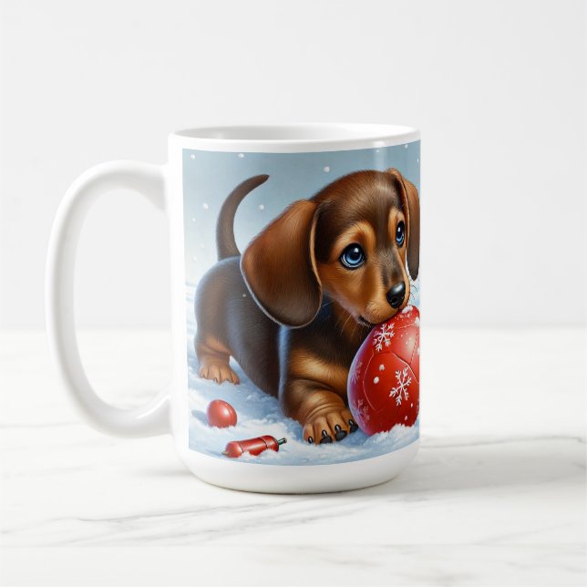 Adorable Dachshund Puppy Playing With Red Ball Coffee Mug (Left)