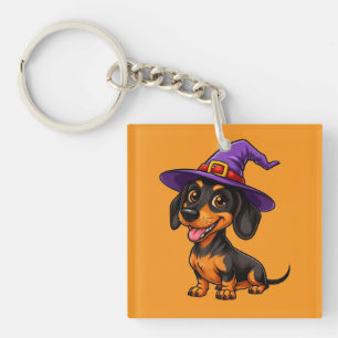 Adorable Dachshund Wearing Purple Wizard Hat Keychain