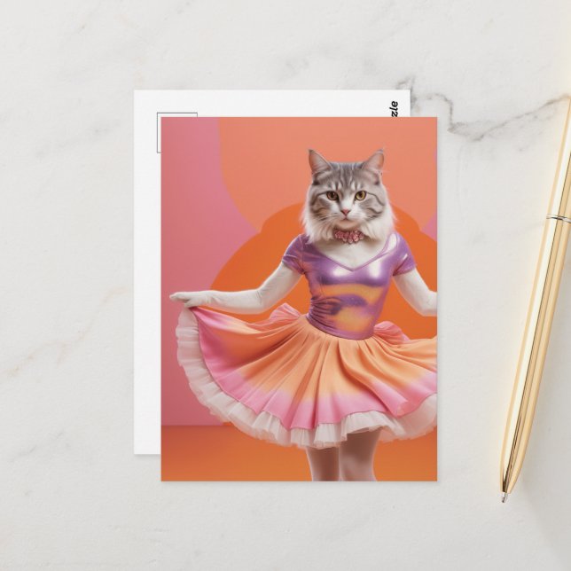 Adorable Dancing Cat in Pink Orange Postcard (Front/Back In Situ)