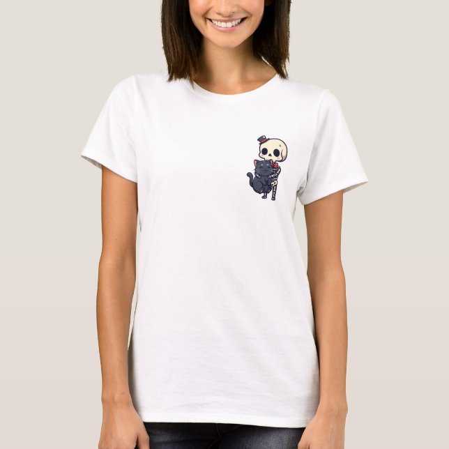 Adorable Dapper Skeleton Hugging Smiling Black Cat T-Shirt (Front)