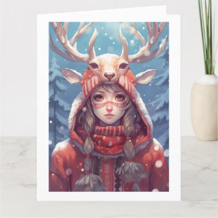 Adorable Deer Anime Girl, Red Hoodie, Holiday Card