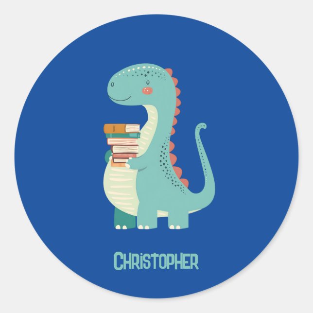 Adorable Dinosaur Book Lover With Kids Name Classic Round Sticker (Front)
