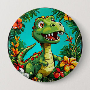 Adorable Dinosaur Surrounded by Colourful Flowers 4 Inch Round Button