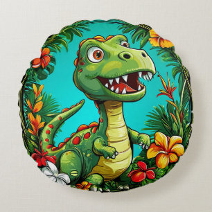Adorable Dinosaur Surrounded by Colourful Flowers Round Pillow
