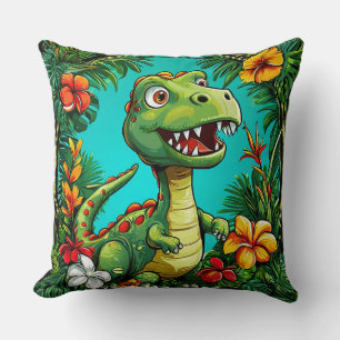 Adorable Dinosaur Surrounded by Colourful Flowers Throw Pillow