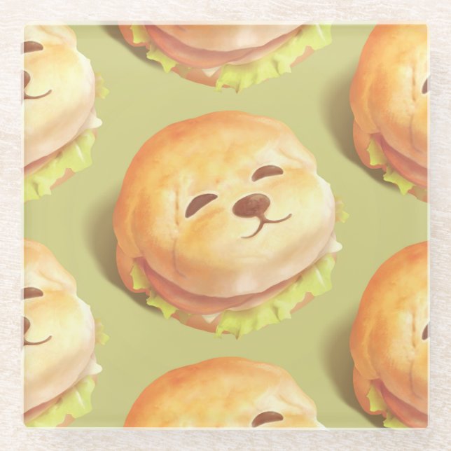 Adorable Dog Face Burger Pattern Glass Coaster (Front)
